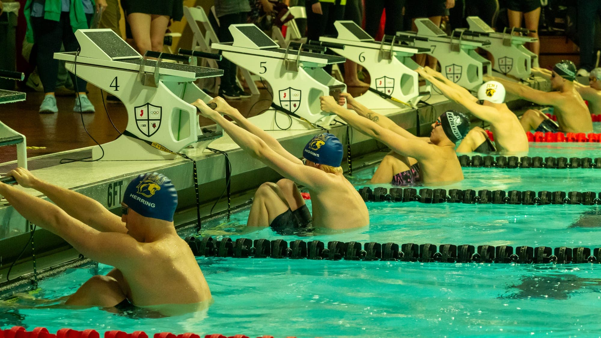 Swimmers coiled at numbered starting blocks across the lanes, arms stretched for a backstroke start